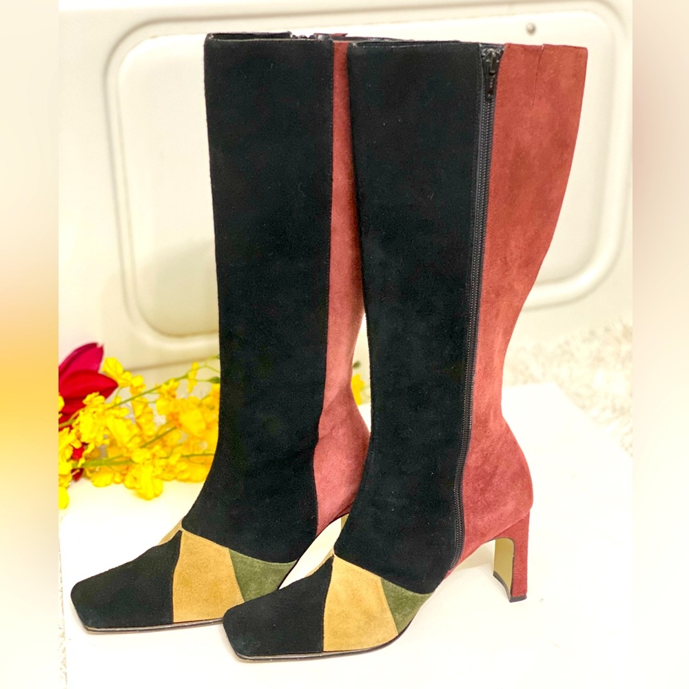 Suede Colorblock Mid-Heel Knee Boots - Black, Rust & Mustard